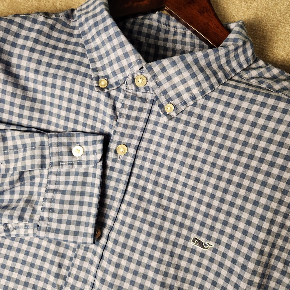 Vineyard Vines Button Down Mens XL Blue White Gingham Whale Logo Murray Shirt